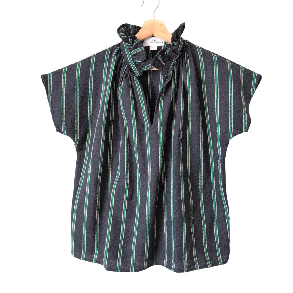 Never A Wallflower Ruffle Neck Striped Cotton Top Women M Chic Stylish Capsule